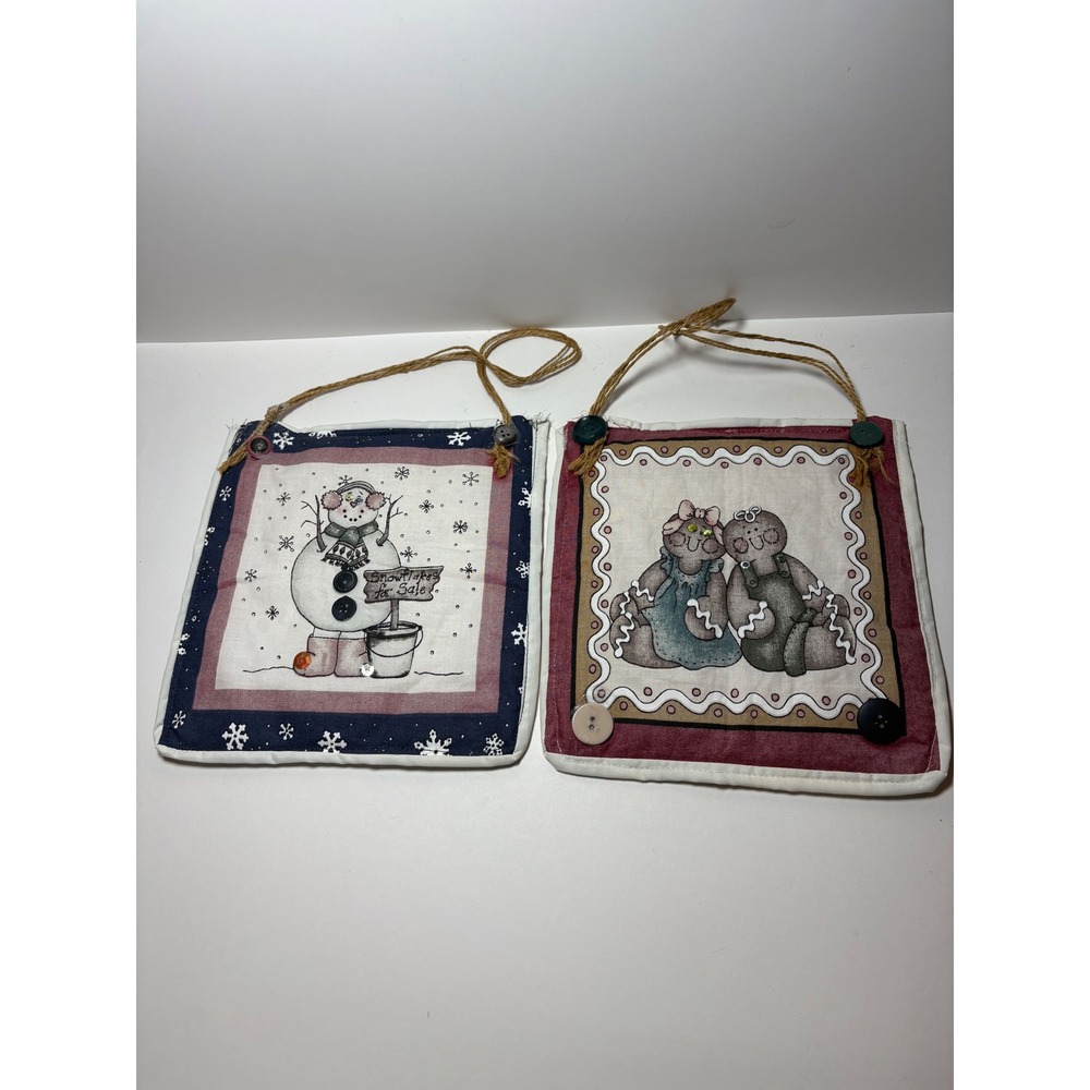 Handmade Quilted Christmas Wall Hangings Set of 2 Snowman Gingerbread Rustic